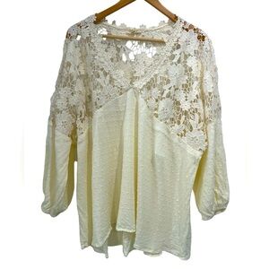 ODDY Cream Lace Crochet Floral Swiss Dot Flowy V Neck Popover Blouse Top - 2X